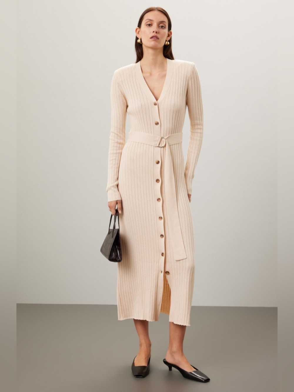 Great Jones Long Sleeve Ribbed Button-Front Dress Cream Large Sweater Knit Midi